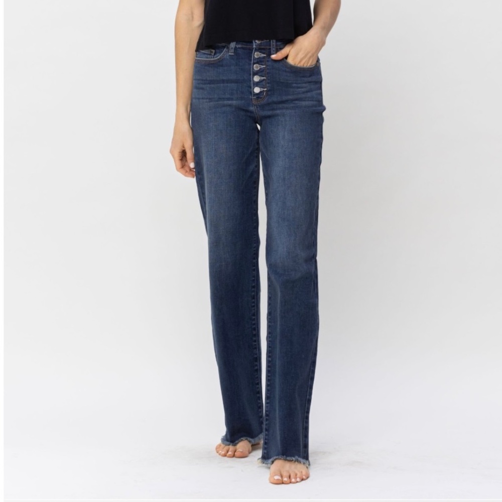 JUDY BLUE HIGH WAIST DARK BUTTON FLY WIDE LEG JEANS